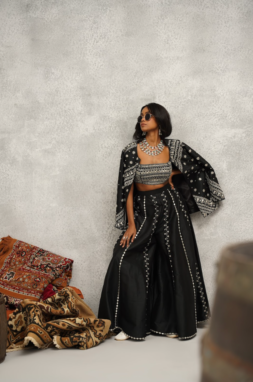 Black embroidered silk jacket, crop top and sharara – Kapda Dori