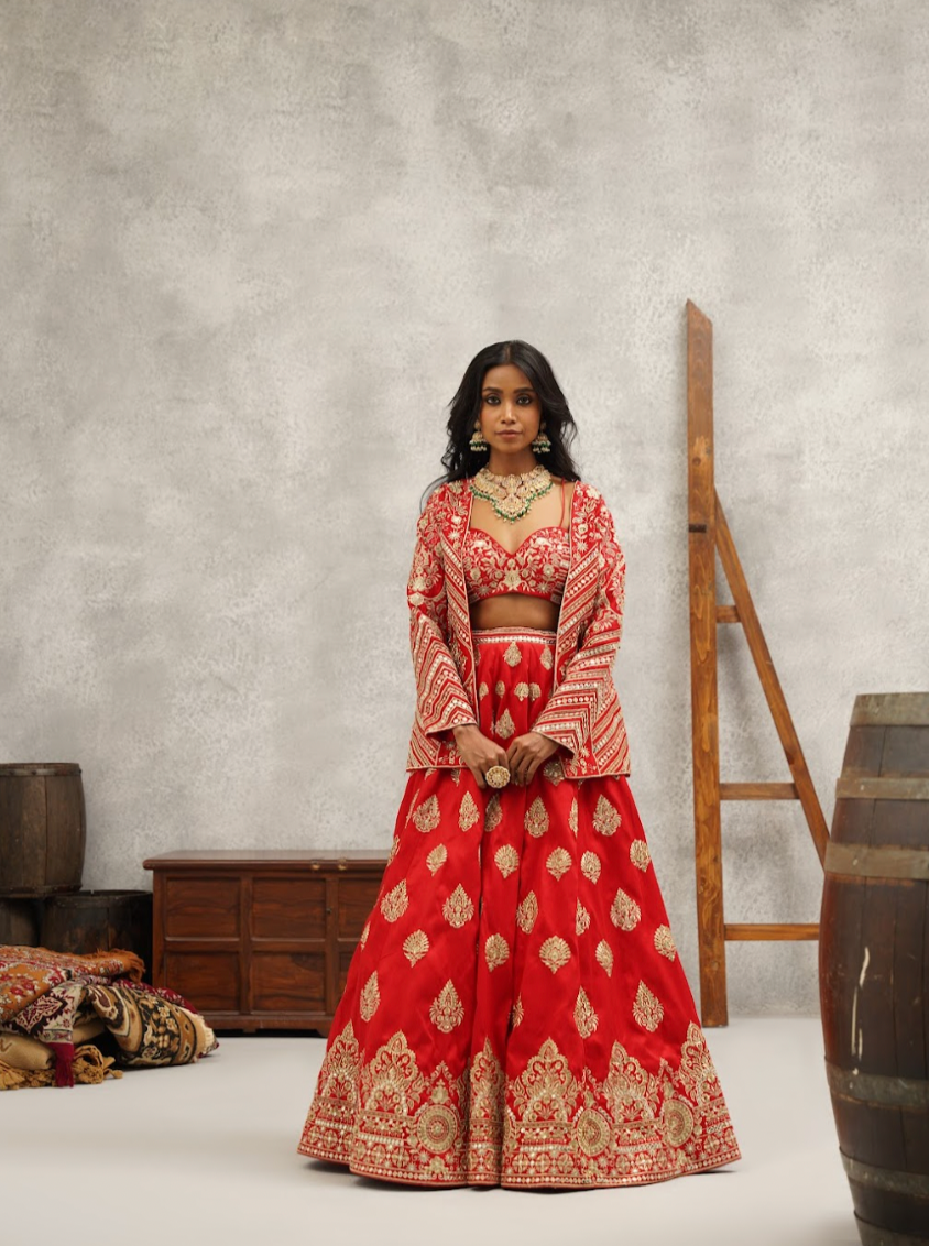 Red Embroidered Jacket Crop Top and Lehenga Set – Kapda Dori
