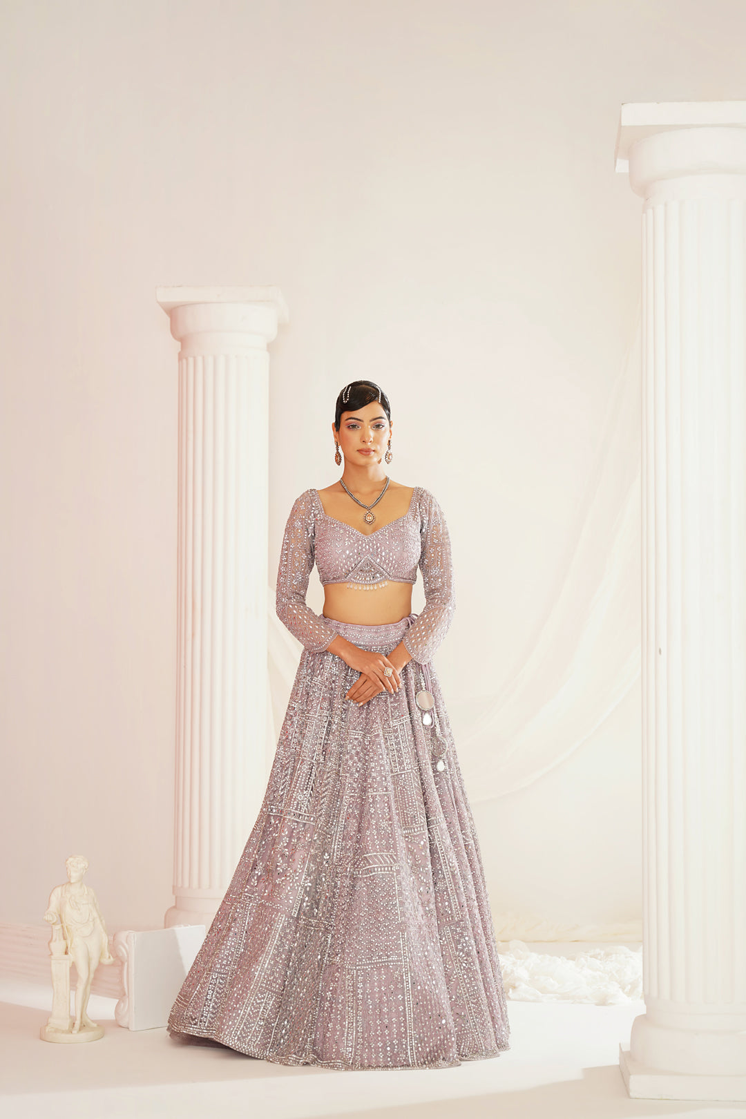 Lavender embroidered dori and mirror work blouse, lehenga and dupatta set