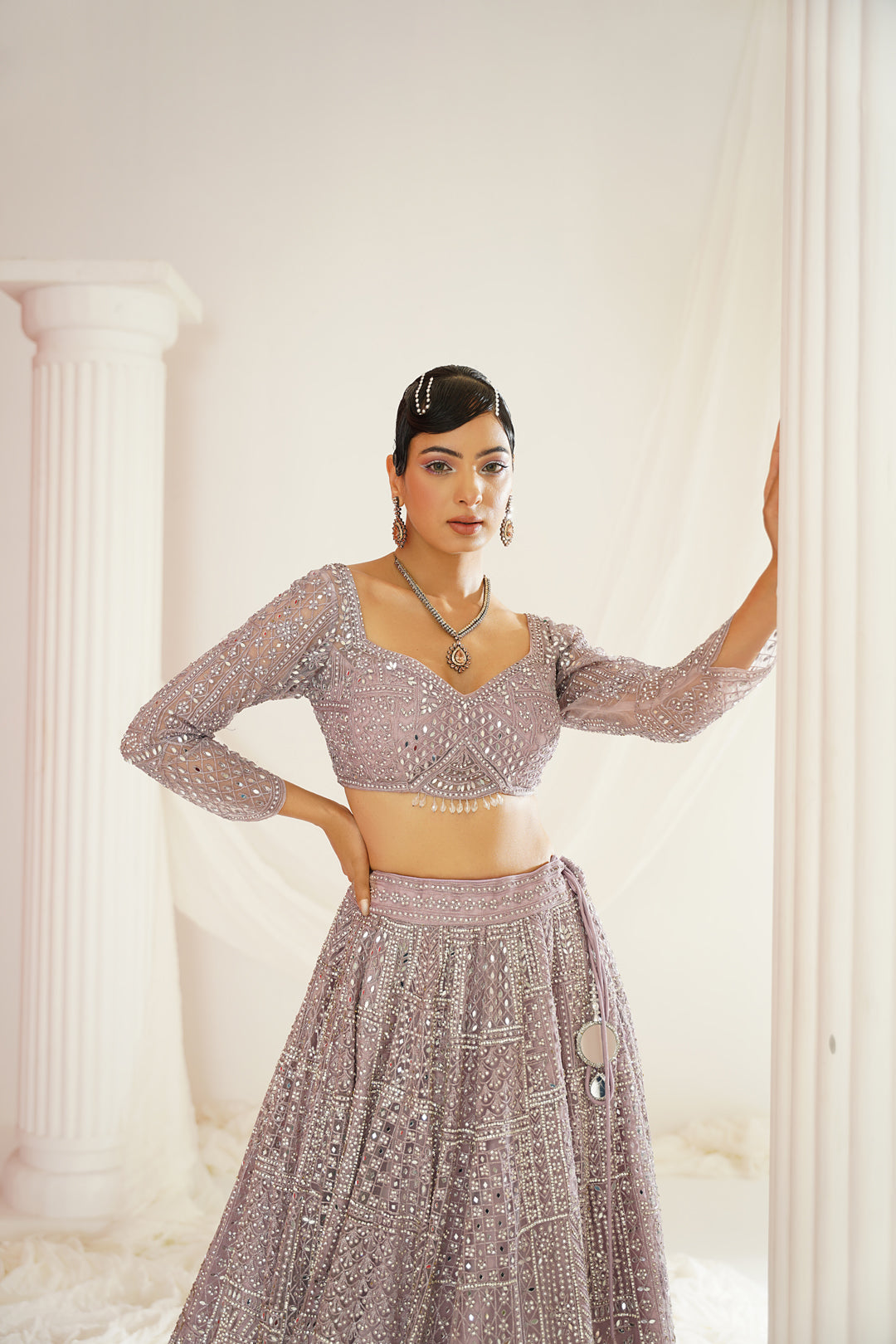 Lavender embroidered dori and mirror work blouse, lehenga and dupatta set