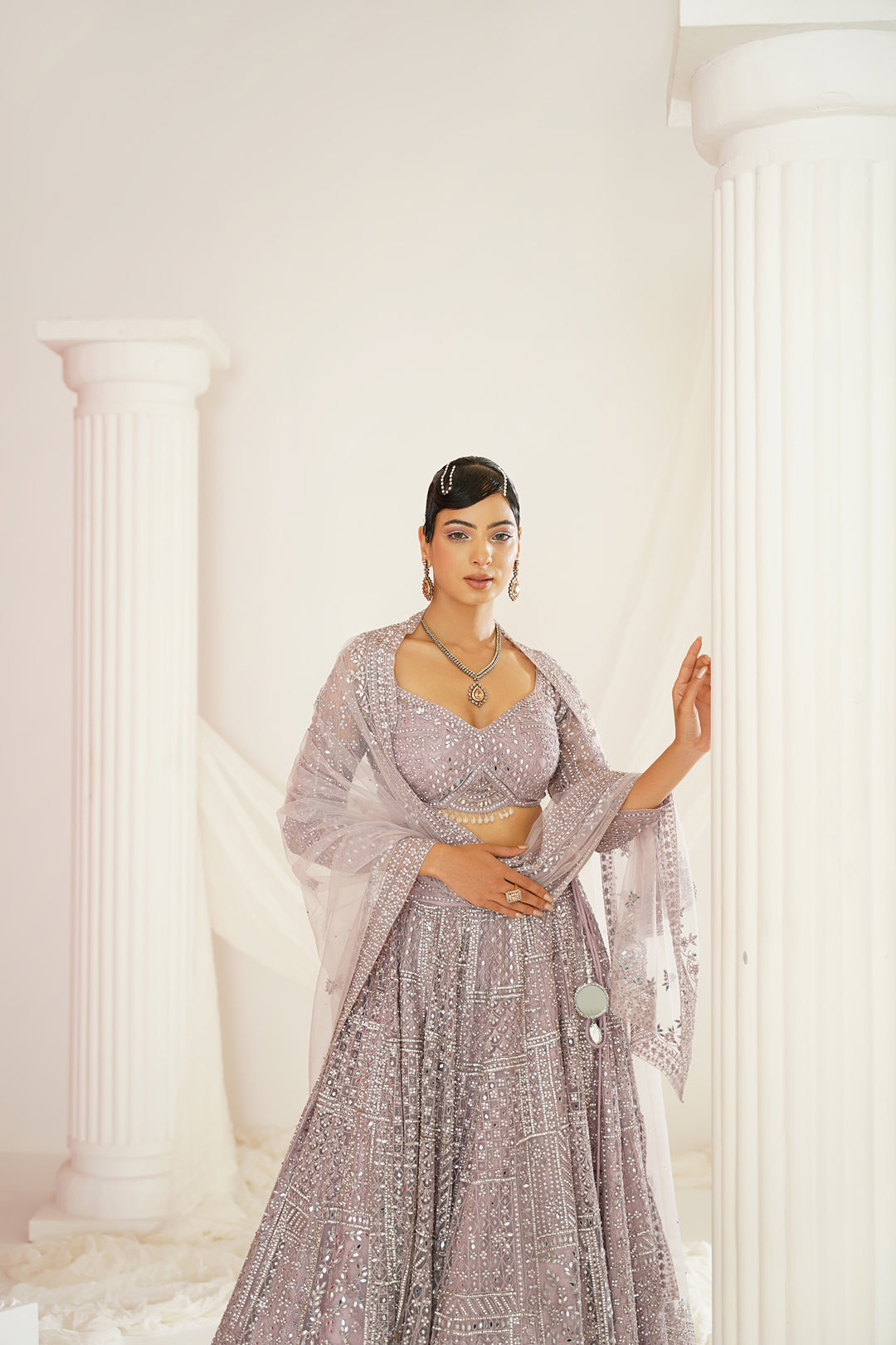 Lavender embroidered dori and mirror work blouse, lehenga and dupatta set