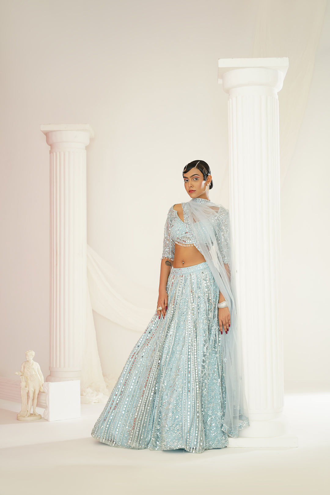 Aqua blue embellished choli, lehenga and dupatta set