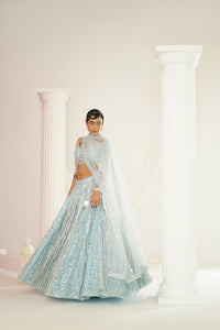 Aqua blue embellished choli, lehenga and dupatta set