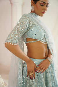 Aqua blue embellished choli, lehenga and dupatta set