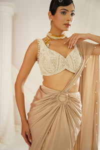 Nude embroidered blouse with ready to wear drape saree set