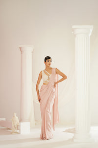 Blush pink embroidered blouse with ready to wear drape saree set