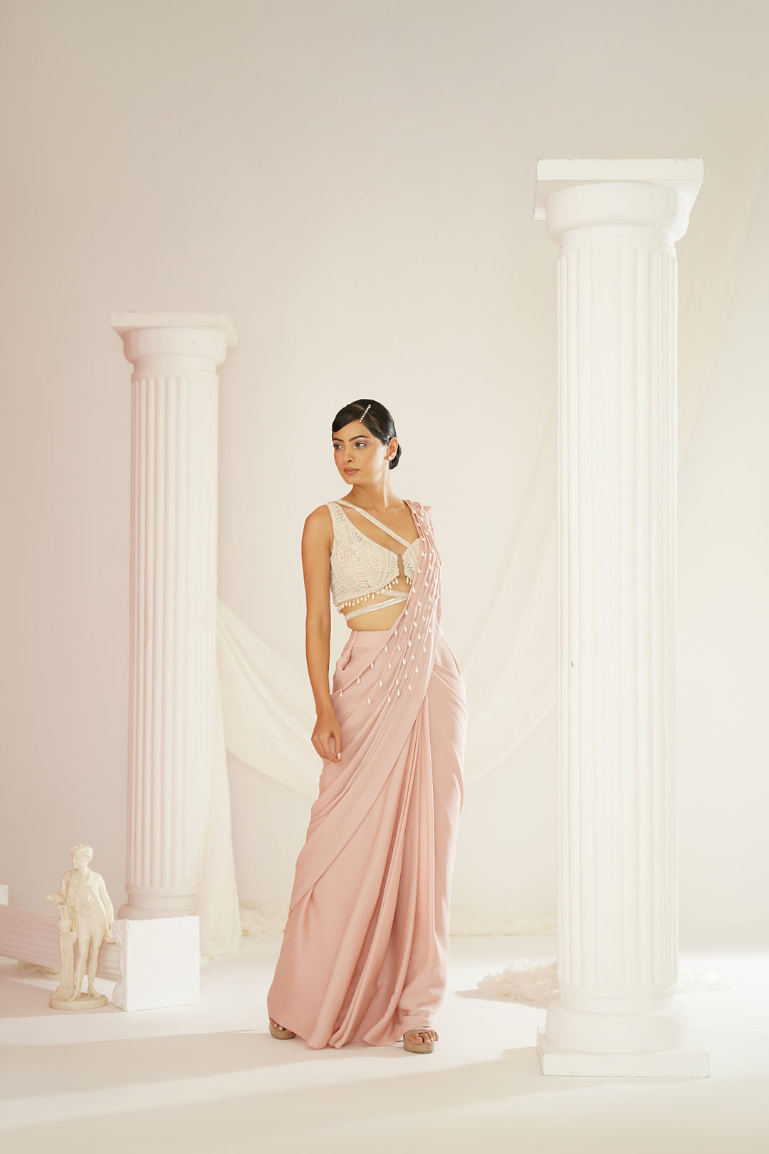 Blush pink embroidered blouse with ready to wear drape saree set