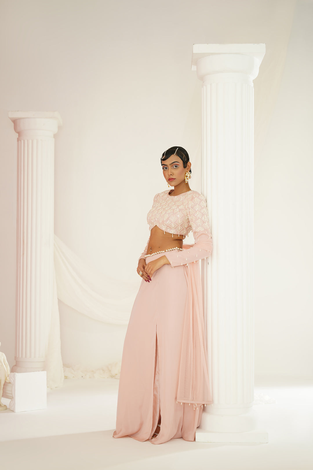 Blush pink embellished Skirt with slit, Blouse  and dupatta set