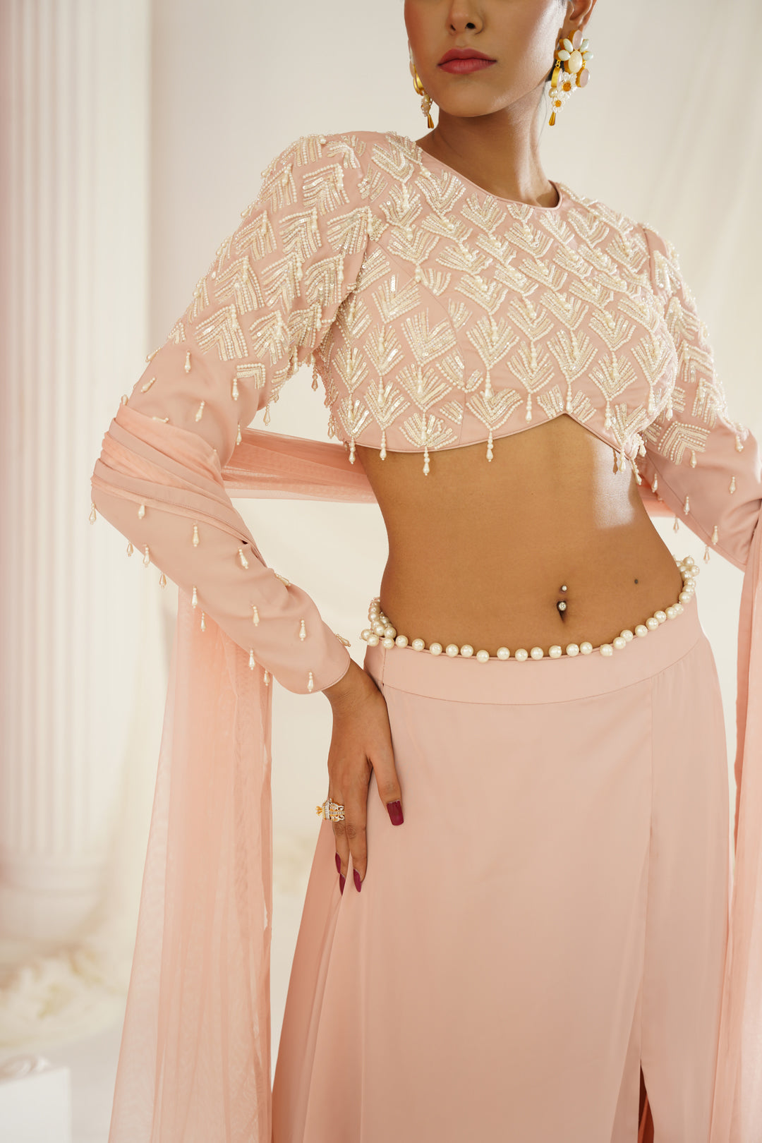 Blush pink embellished Skirt with slit, Blouse and dupatta set