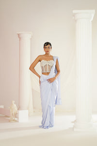 Powder blue embroidered corset blouse with ready to wear drape saree set