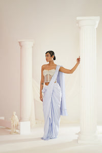 Powder blue embroidered corset blouse with ready to wear drape saree set