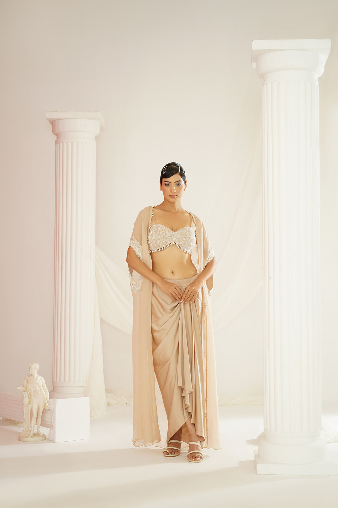 Nude embellished Blouse, dhoti and cape Set