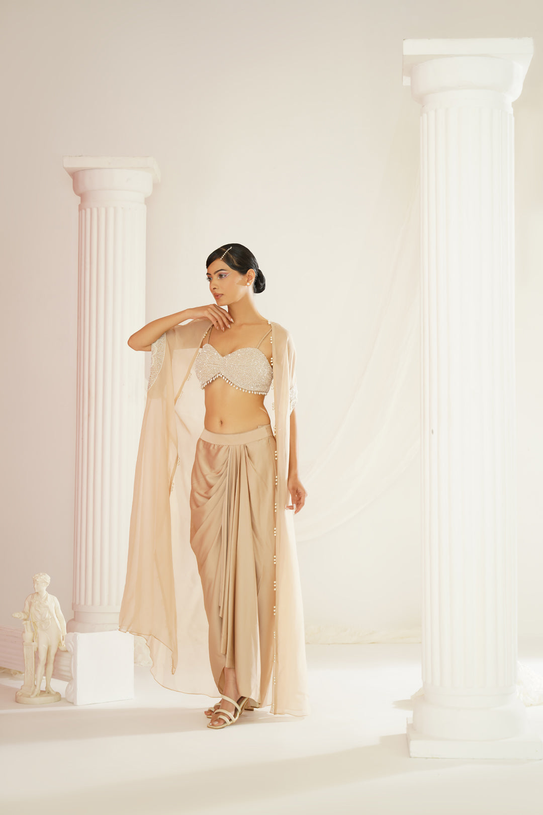 Nude embellished Blouse, dhoti and cape Set