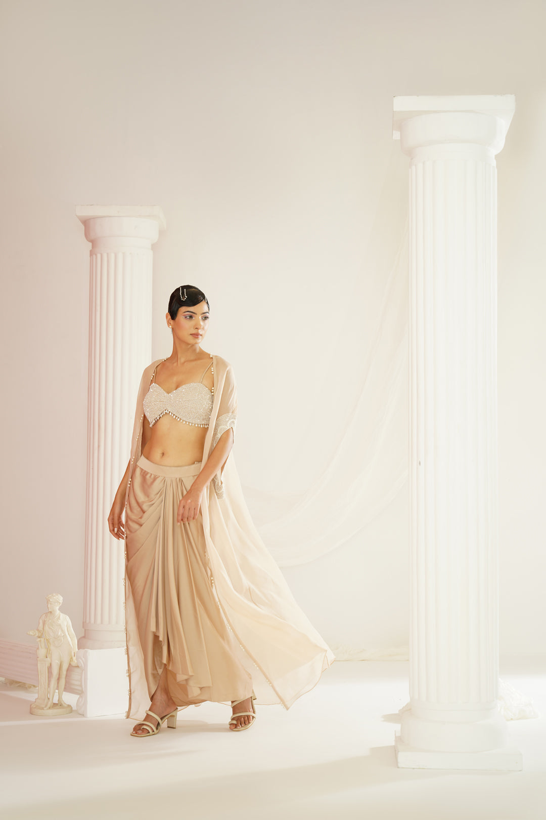 Nude embellished Blouse, dhoti and cape Set