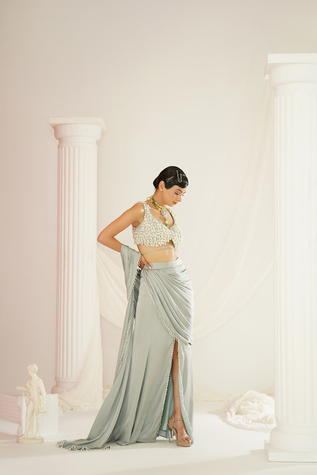 Sage green embroidered blouse with  ready to wear drape saree set