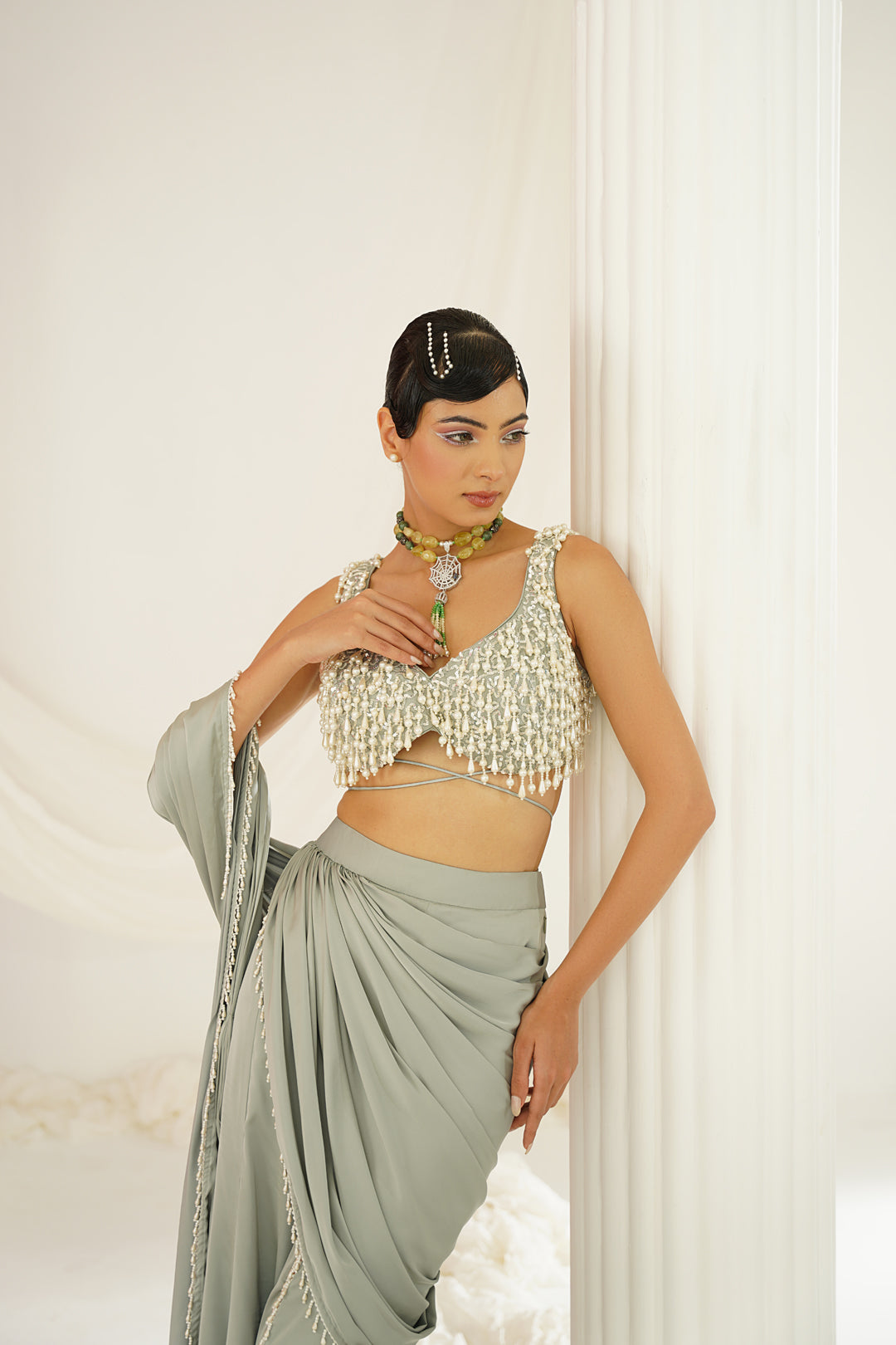 Sage green embroidered blouse with  ready to wear drape saree set