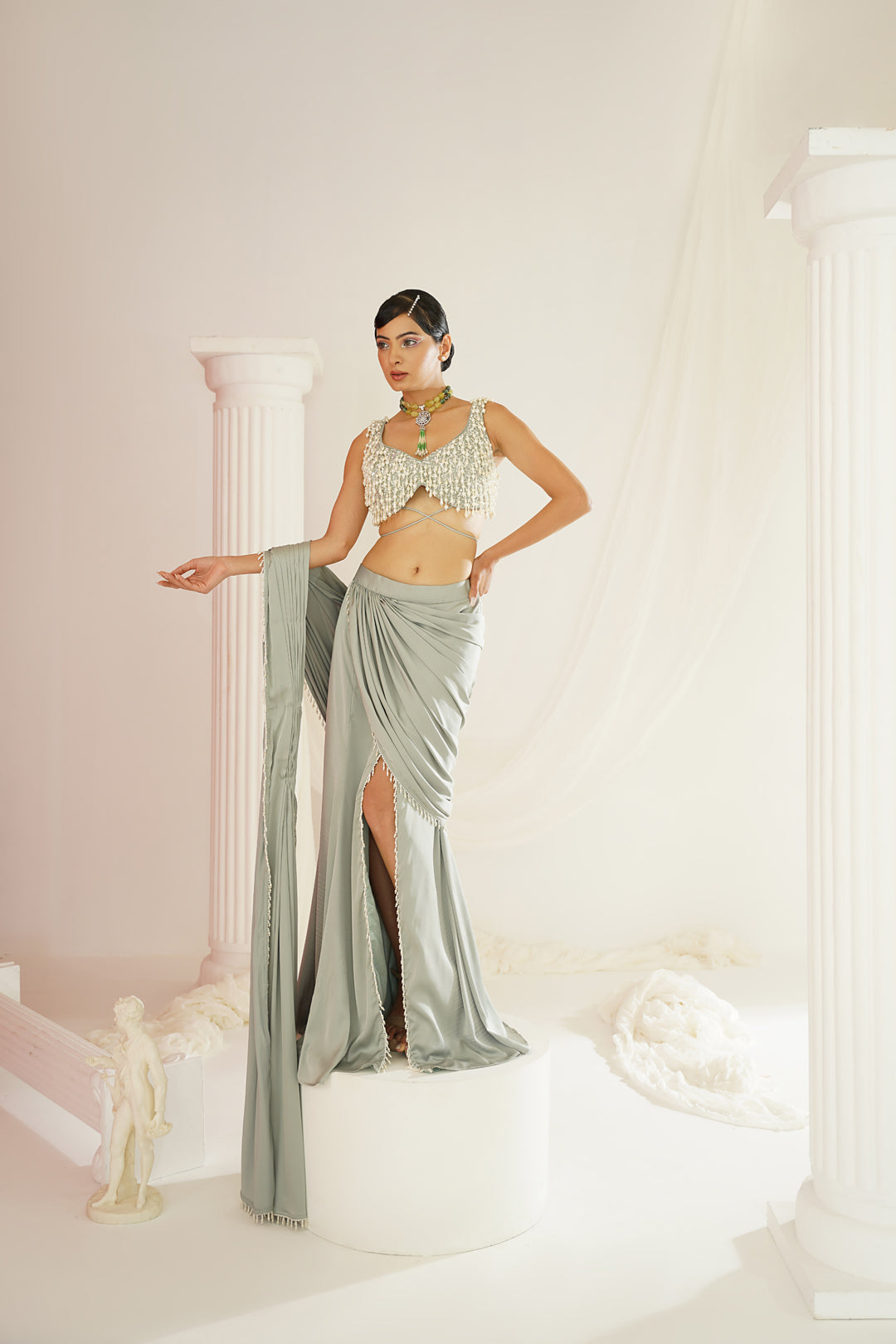 Sage green embroidered blouse with  ready to wear drape saree set