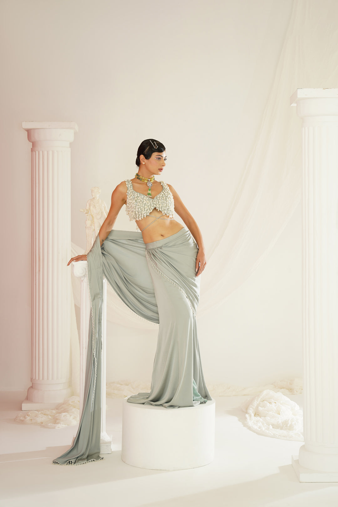 Sage green embroidered blouse with  ready to wear drape saree set