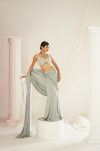 Sage green embroidered blouse with  ready to wear drape saree set