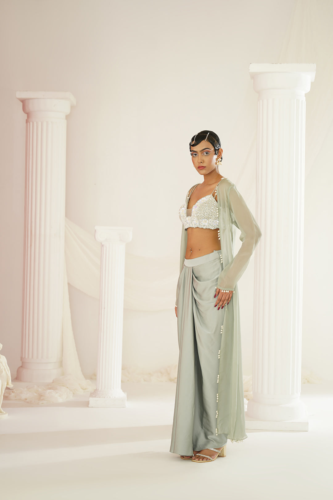 Sage green embellished Blouse, dhoti and long jacket set