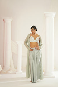 Sage green embellished Blouse, dhoti and long jacket set