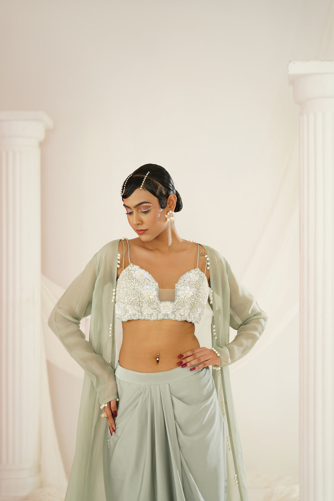 Sage green embellished Blouse, dhoti and long jacket set