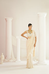 Ivory embroidered blouse with ready to wear ruffle saree set