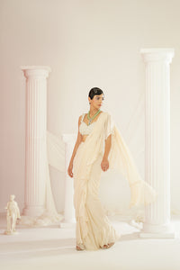 Ivory embroidered blouse with ready to wear ruffle saree set