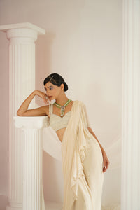 Ivory embroidered blouse with ready to wear ruffle saree set