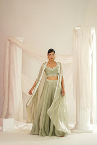 Sage green embroidered blouse, sharara and cape set