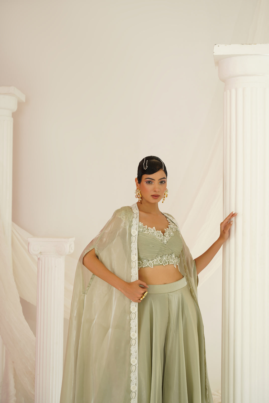 Sage green embroidered blouse, sharara and cape set