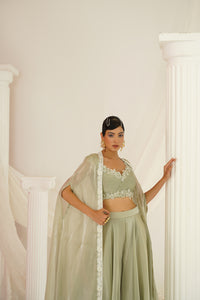 Sage green embroidered blouse, sharara and cape set