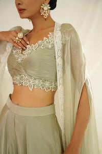 Sage green embroidered blouse, sharara and cape set