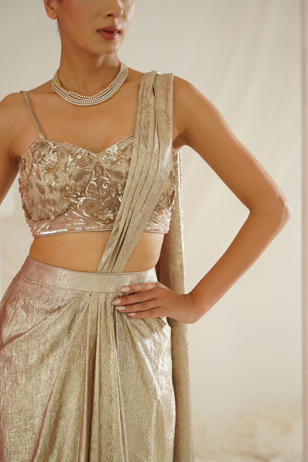 Rose Gold embroidered blouse with ready to wear drape saree set