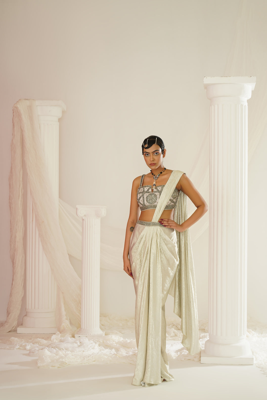 Silver grey embroidered blouse with ready to wear drape saree set