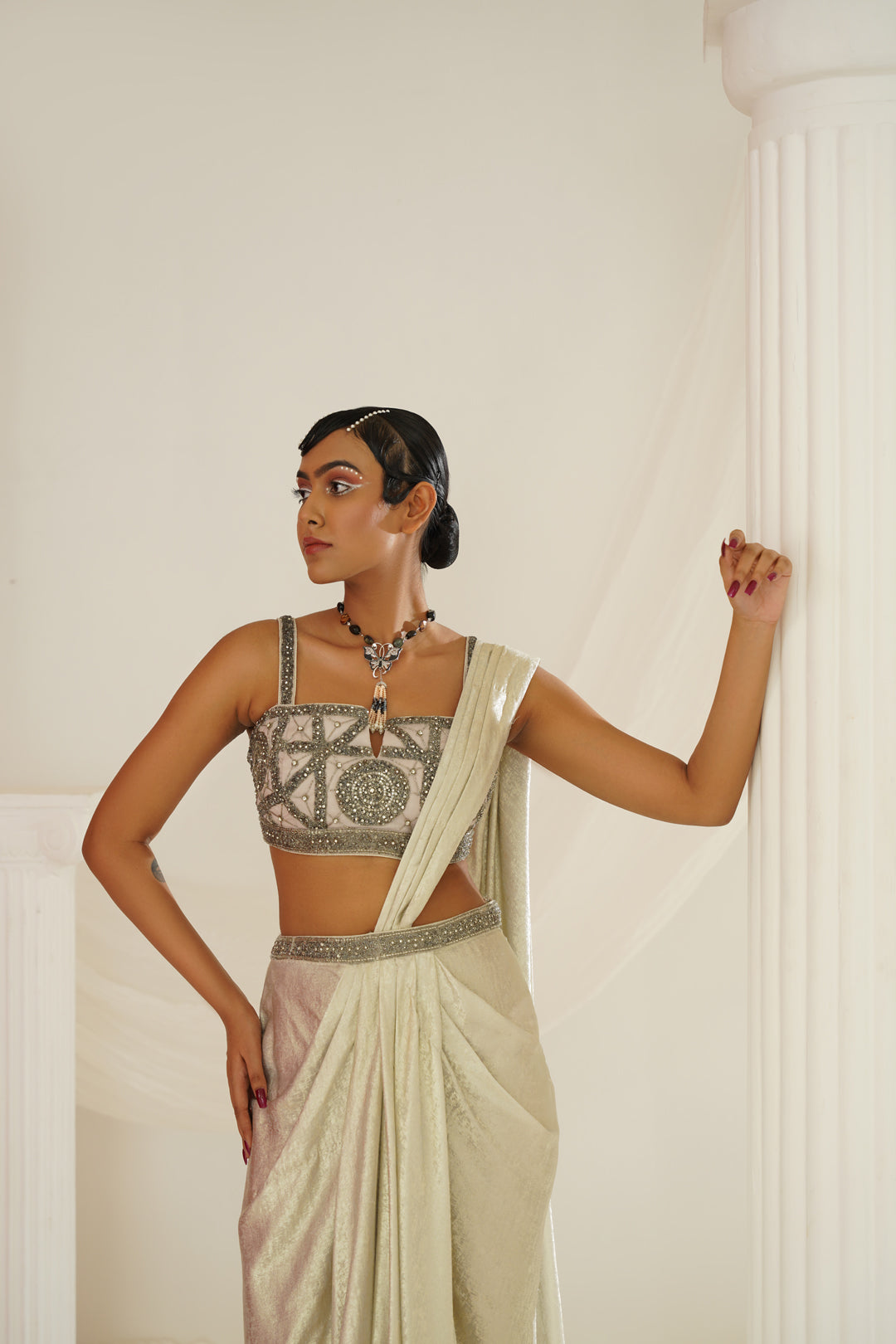 Silver grey embroidered blouse with ready to wear drape saree set