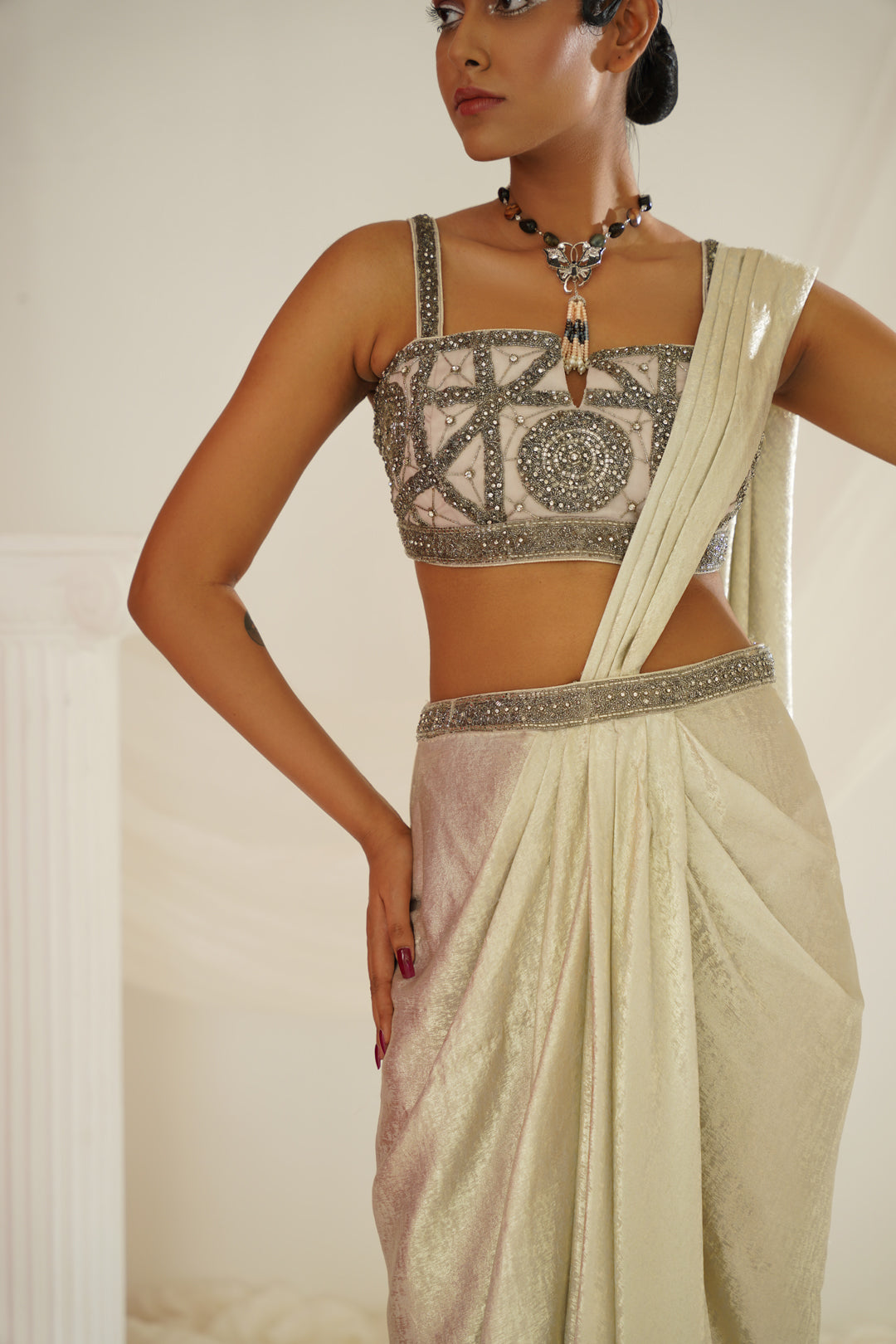 Silver grey embroidered blouse with ready to wear drape saree set