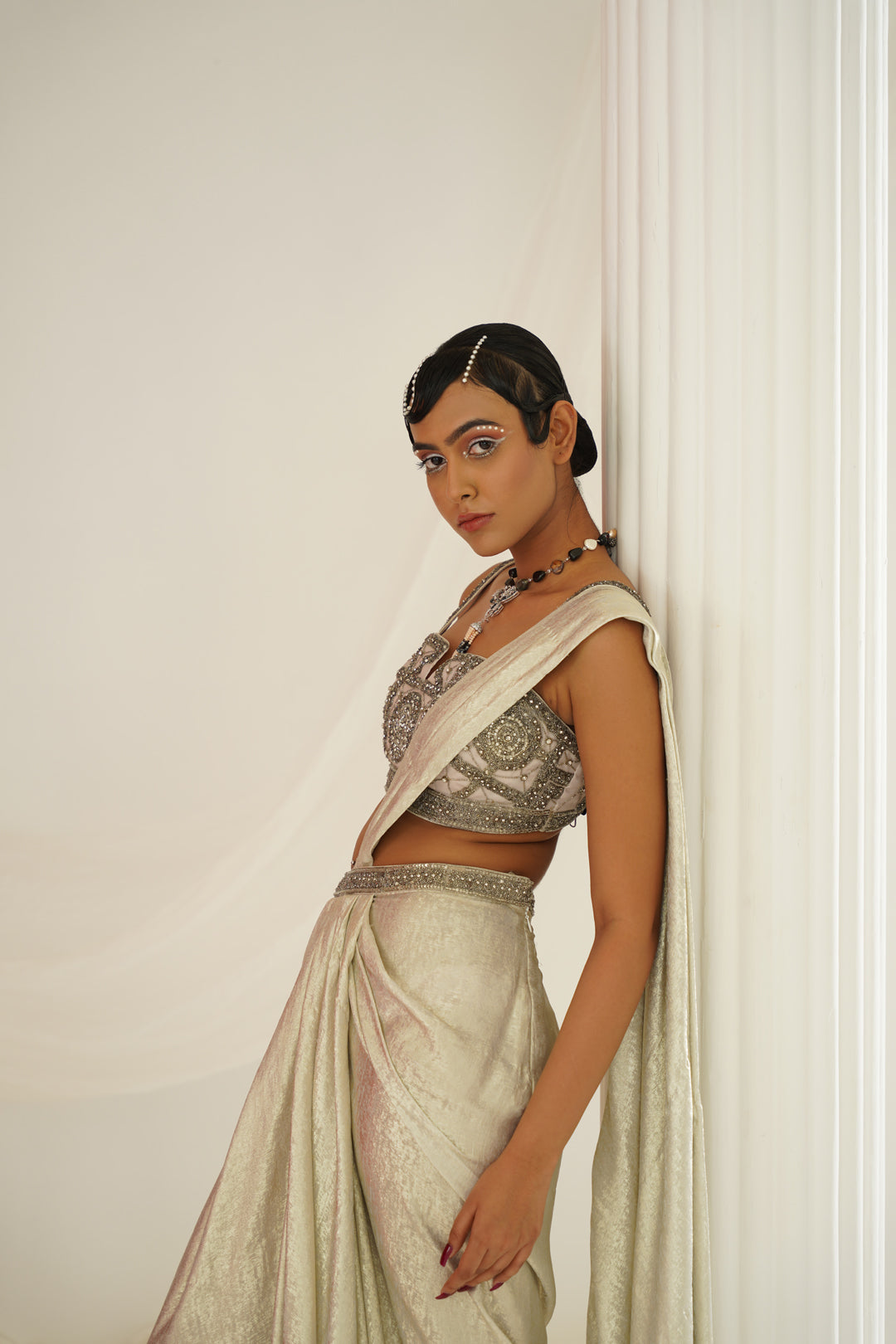 Silver grey embroidered blouse with ready to wear drape saree set