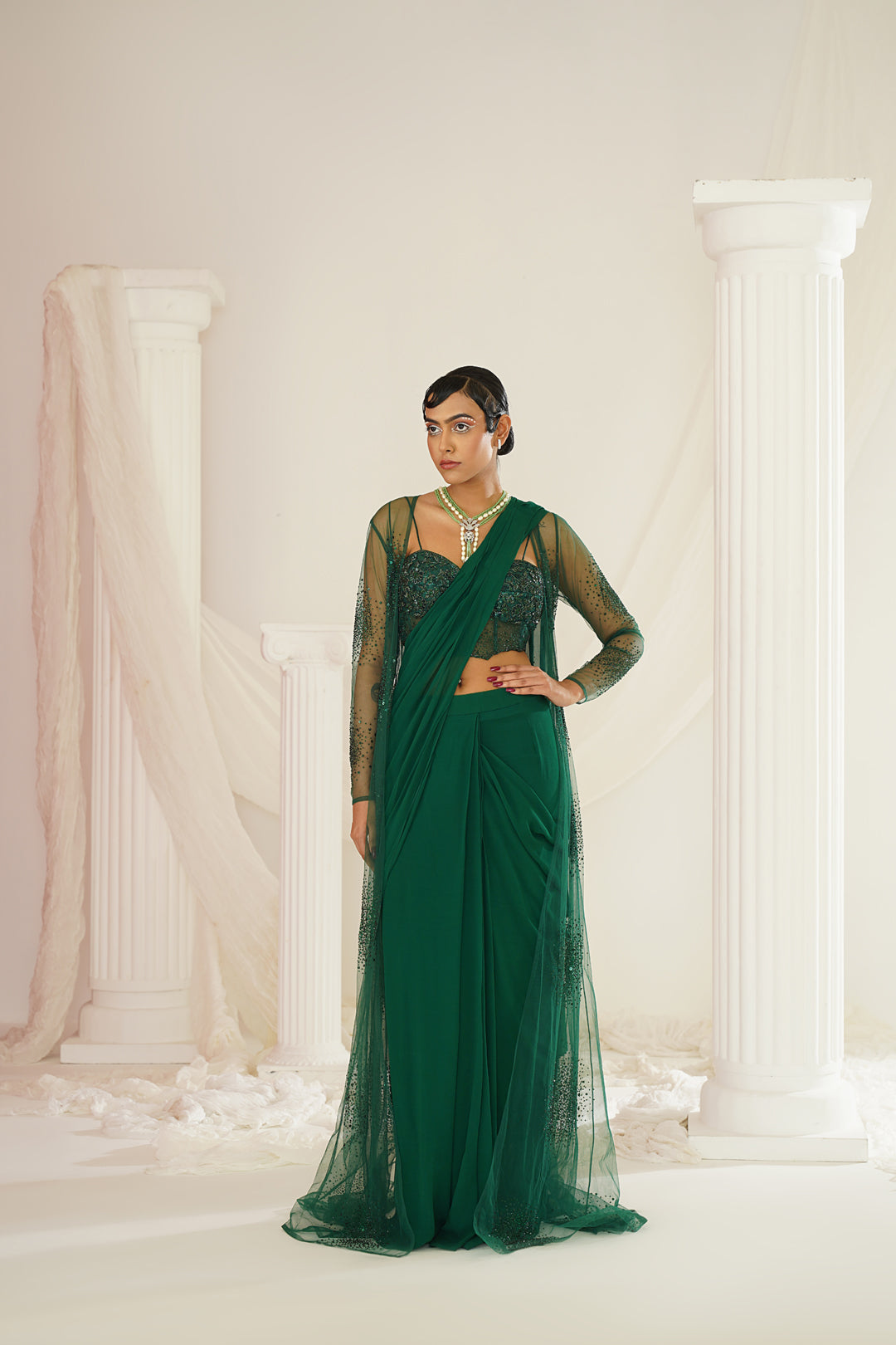 Bottle green embellished Corset blouse, ready to wear saree and long jacket