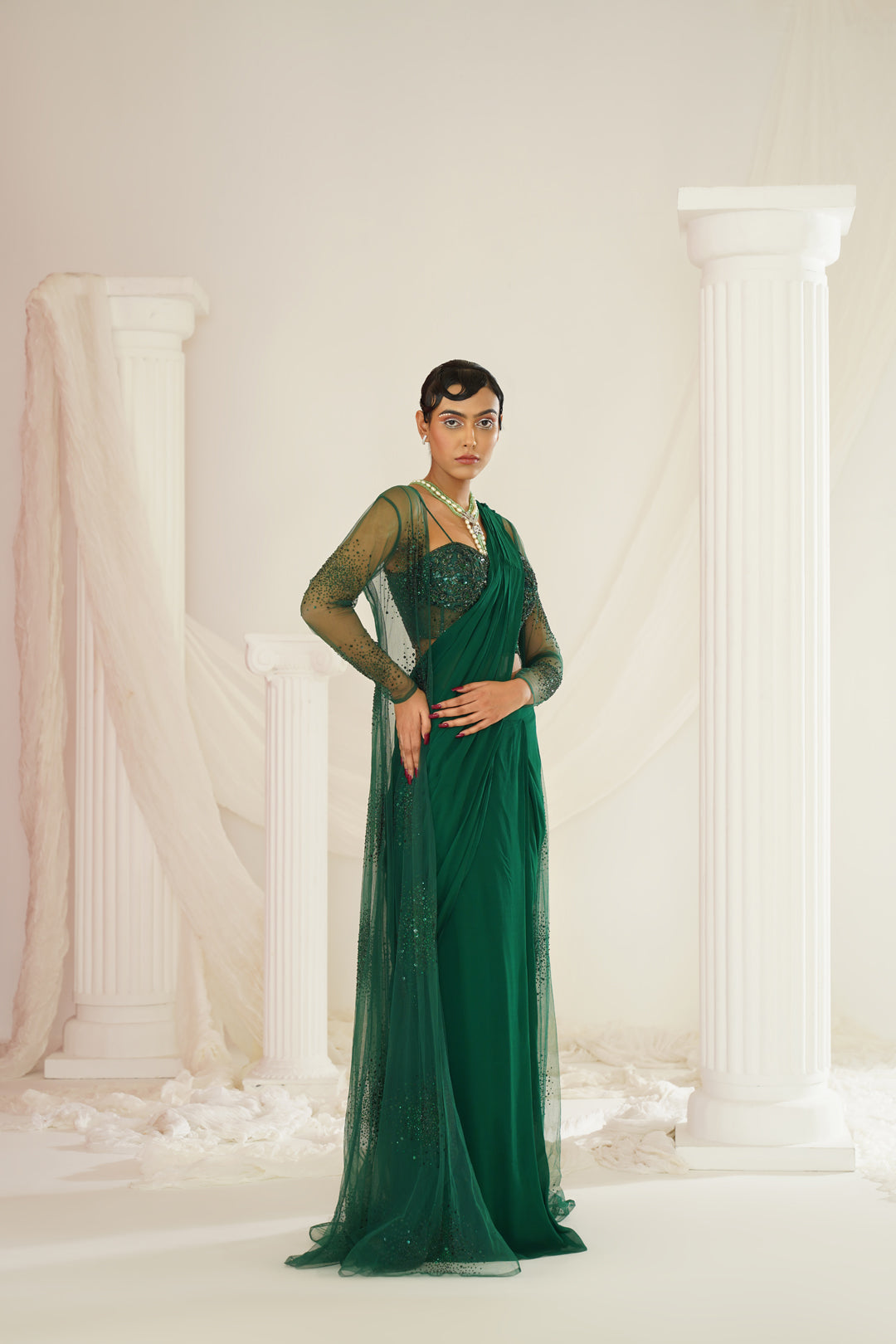 Bottle green embellished Corset blouse, ready to wear saree and long jacket