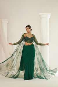 Bottle green embellished Corset blouse, ready to wear saree and long jacket