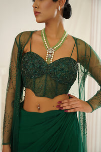 Bottle green embellished Corset blouse, ready to wear saree and long jacket