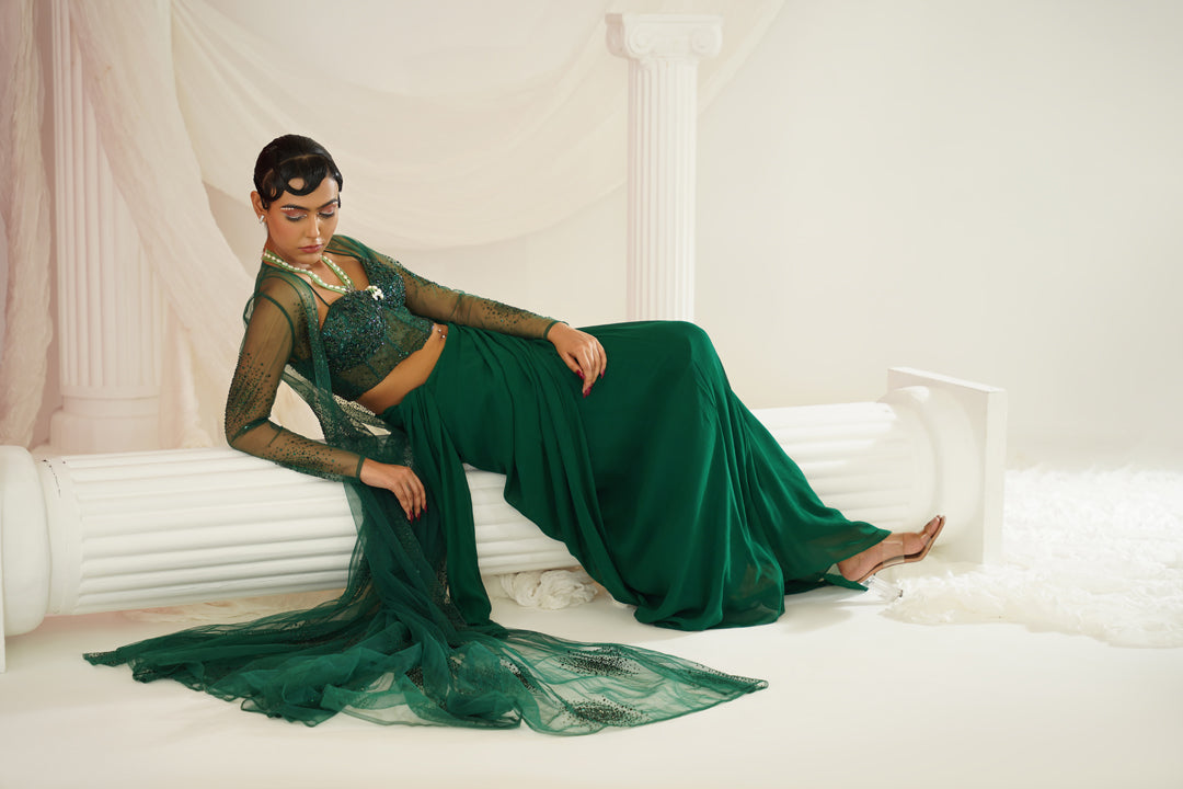 Bottle green embellished Corset blouse, ready to wear saree and long jacket