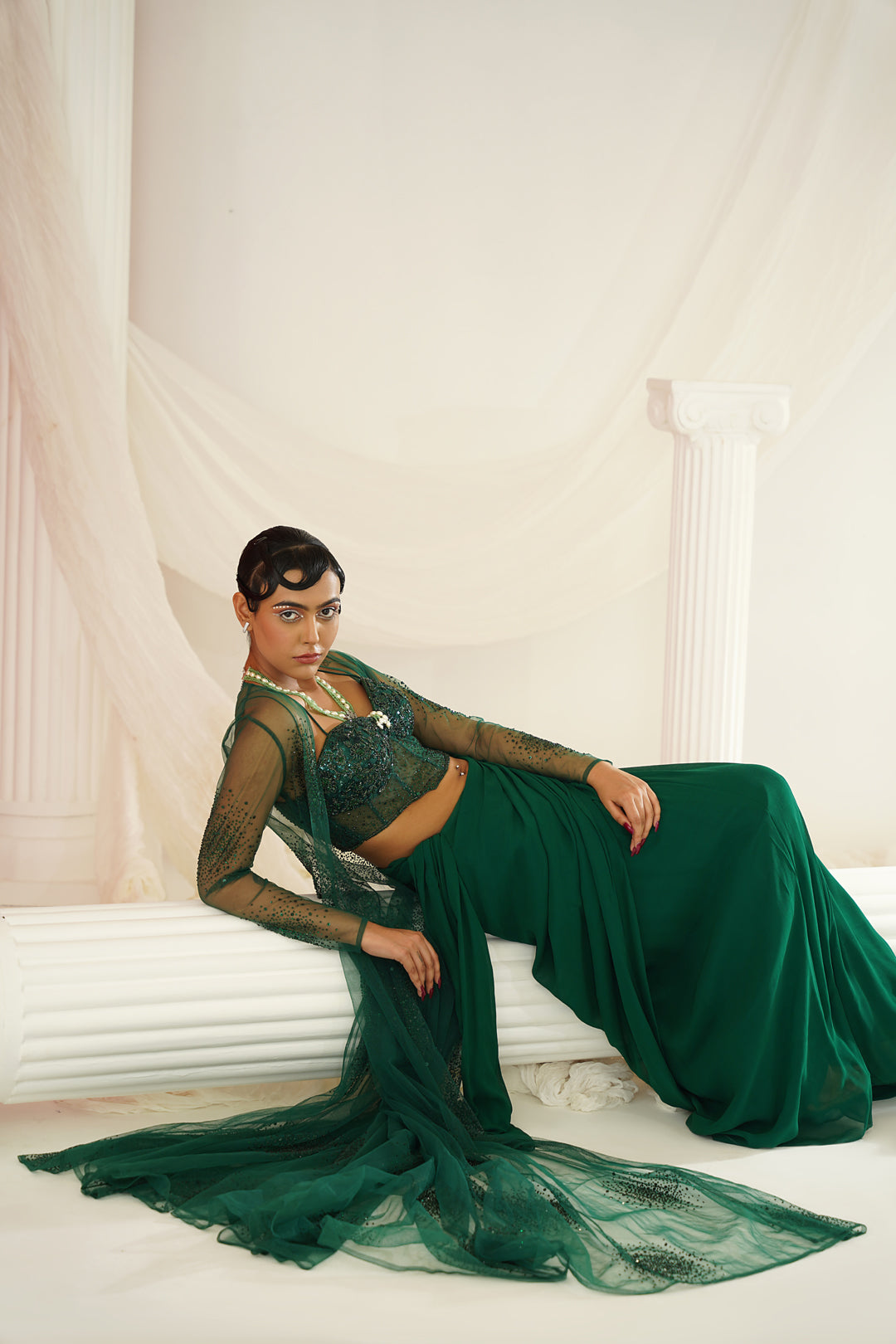 Bottle green embellished Corset blouse, ready to wear saree and long jacket