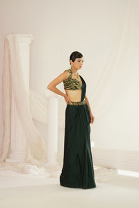 Forest Green embroidered blouse with ready to wear drape saree set