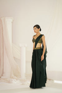 Forest Green embroidered blouse with ready to wear drape saree set