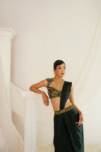 Forest Green embroidered blouse with ready to wear drape saree set