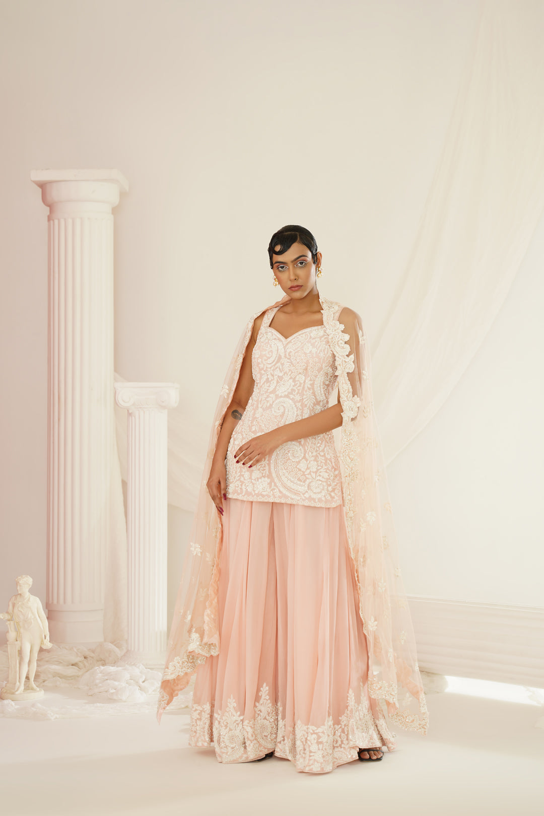 Blush pink embellished kurta, palazzo and dupatta set