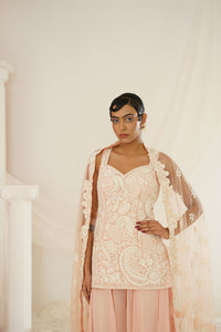 Blush pink embellished kurta, palazzo and dupatta set