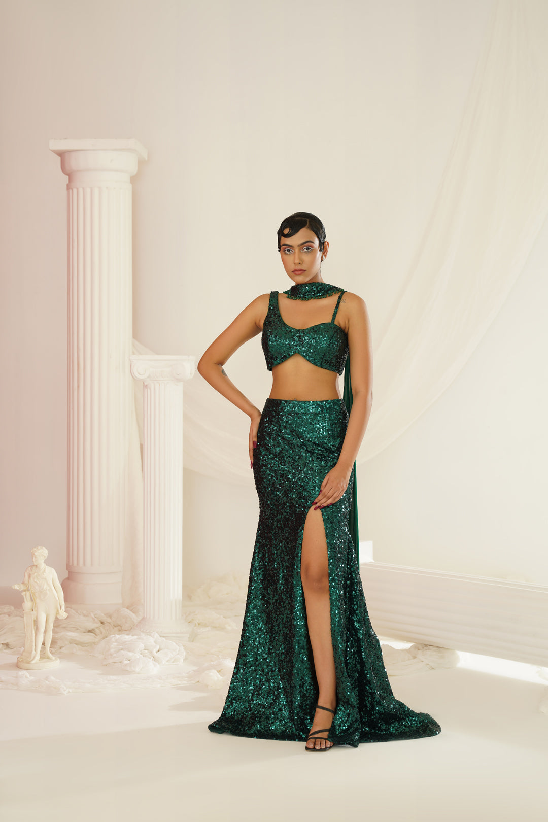 Bottle green embellished choli, skirt and chokar dupatta set